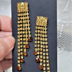 Topaz Long Dangle Rhinestone Earrings Pierced Posts Golden